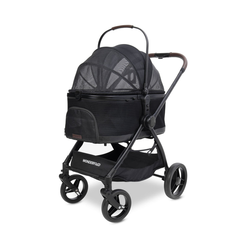 Angled side view of the P3 Pet Stroller with mesh carrier attached, showcasing breathable enclosure.