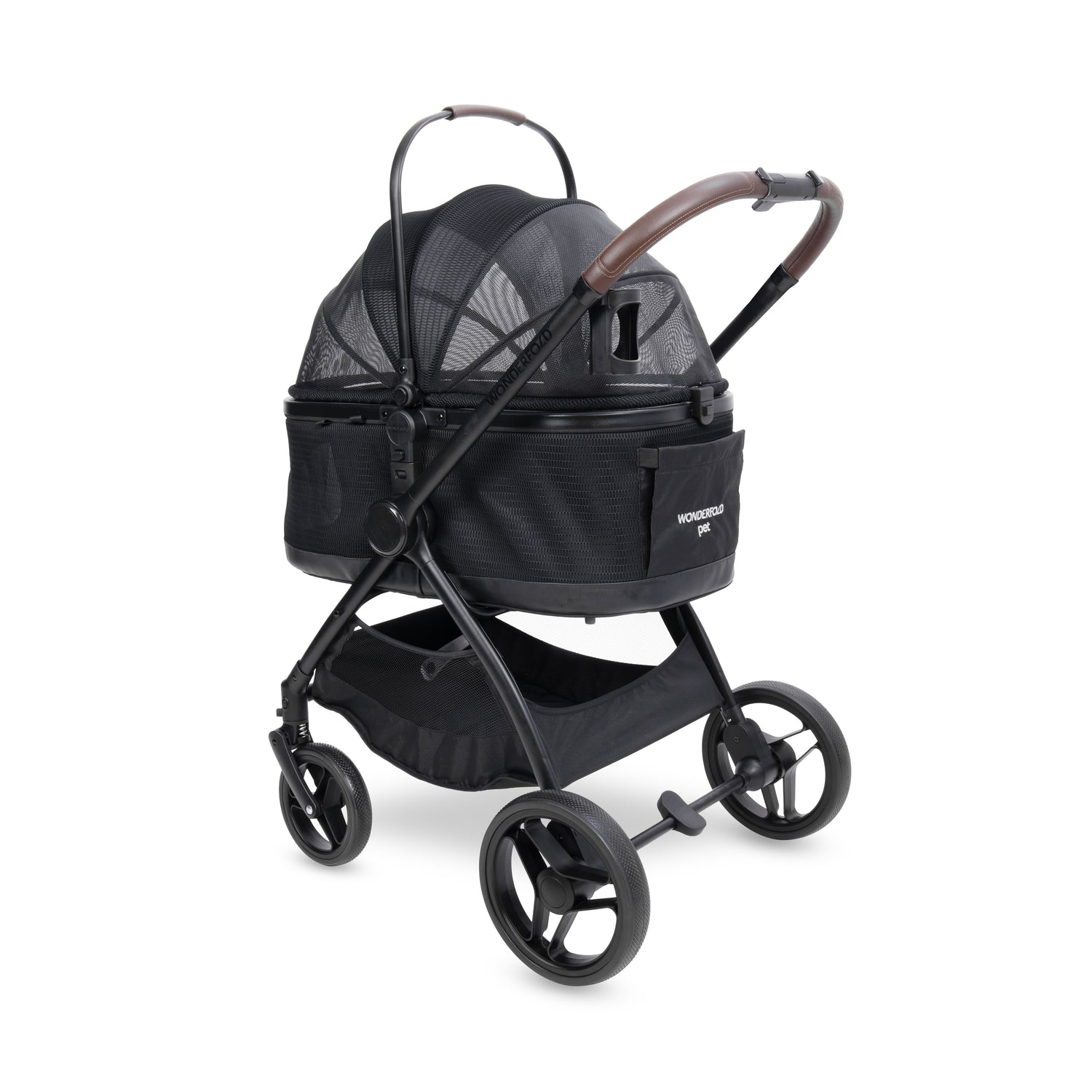Angled rear view of the P3 Pet Stroller featuring faux leather handle and zippered mesh door.