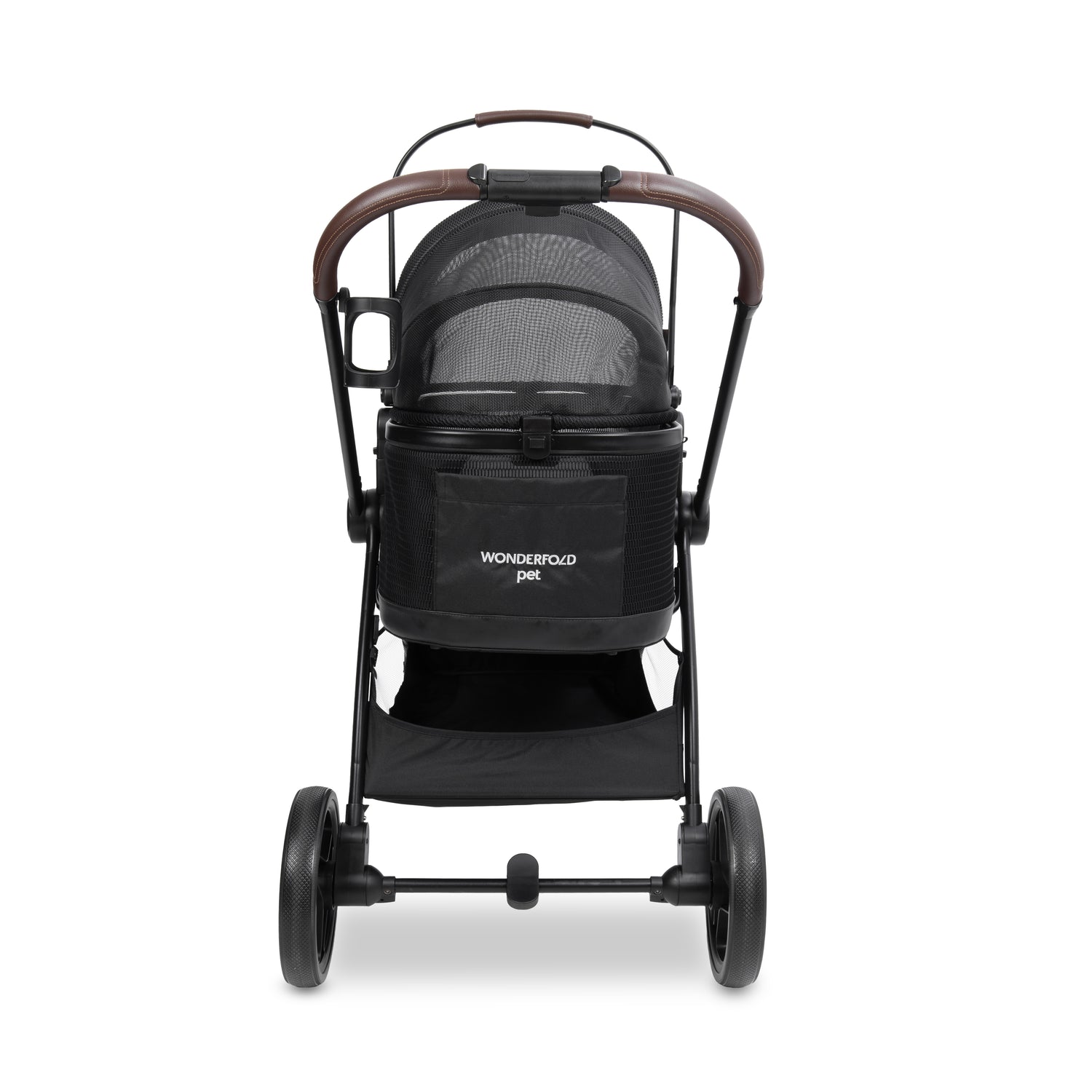 Back view of the P3 Pet Stroller displaying WonderFold Pet logo and convenient push handle.
