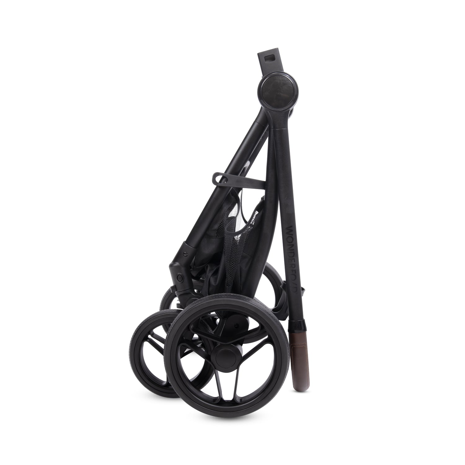 Side view of the folded P3 Pet Stroller frame standing upright with wheels neatly nested.