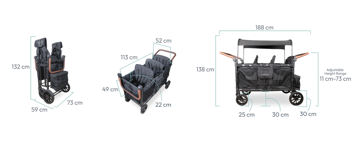 Side view of WonderFold W6 wagon showing overall dimensions and wheel sizes